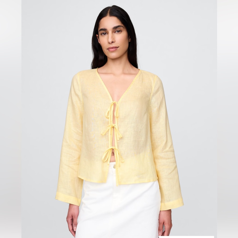 NWOT Yellow Linen Tie-Front Blouse